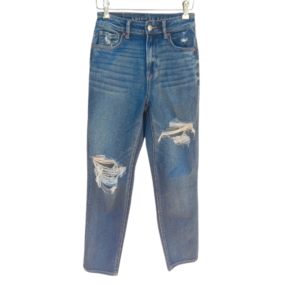 ๐American Eagle Outfitters Women's Mom Straight Blue Jeans Size 0 Distressed